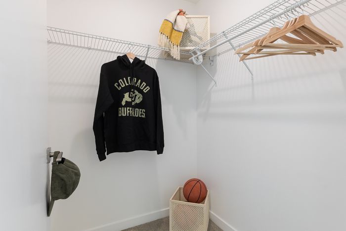 Spacious and organized walk-in closet featuring ample shelving, stylish wooden hangers, and modern decor accents.