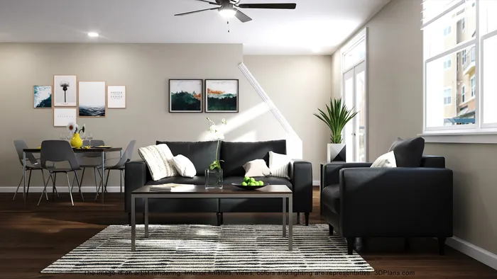 Modern living room with chic black sofas, striped rug, and large windows providing ample natural light, complemented by a tasteful dining area with contemporary art decor.