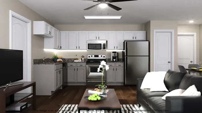Modern kitchen and living area with sleek stainless steel appliances, elegant cabinetry, and cozy seating. Ideal for entertaining.