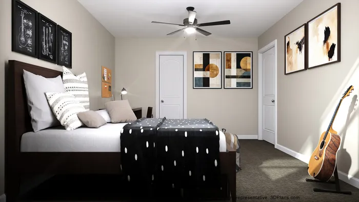 Contemporary bedroom with stylish decor, featuring a cozy bed, modern artwork, and an inviting atmosphere enhanced by a guitar stand.