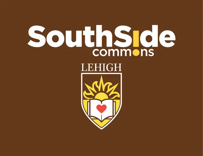 Modern SouthSide Commons logo with Lehigh emblem, set against a warm brown background.