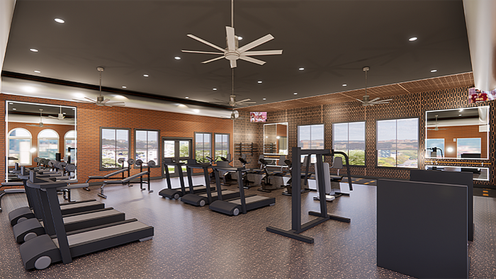 Modern fitness center featuring state-of-the-art treadmills and exercise equipment with panoramic window views.