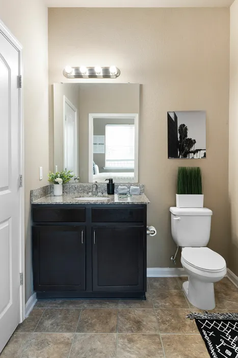 Elegant bathroom with granite countertop, modern fixtures, and stylish decor for a luxurious feel.