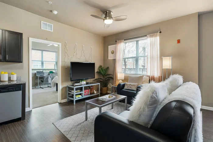 Inviting living room with elegant furnishings, featuring a cozy black sofa with fluffy pillows, a modern coffee table, and a flat-screen TV, all bathed in natural light from large windows.