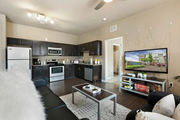Modern open-plan living room and kitchen with sleek dark cabinetry, stylish appliances, and cozy seating area featuring a large TV, perfect for relaxation and entertainment.