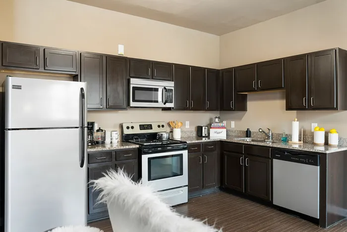 Modern kitchen with sleek dark cabinets, stainless steel appliances, and granite countertops, exuding contemporary elegance.