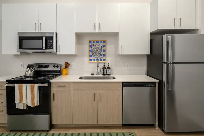 Modern kitchen with sleek stainless steel appliances, stylish cabinetry, and elegant countertops, perfect for culinary enthusiasts.