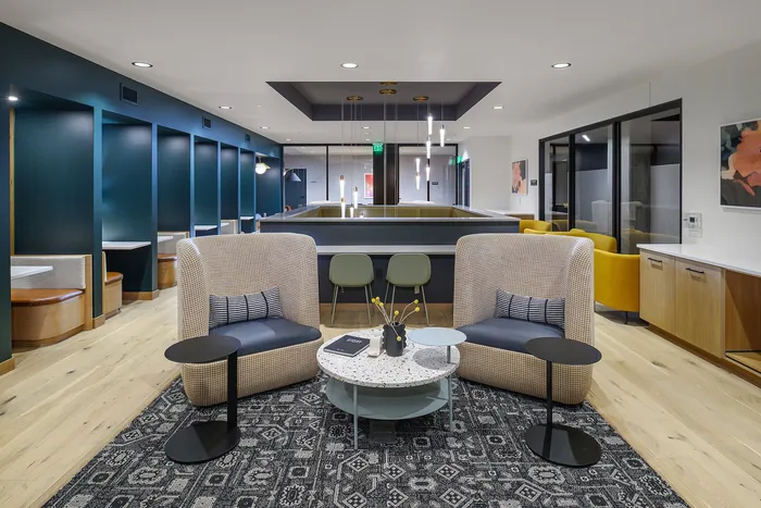Modern communal seating area with stylish armchairs, a patterned rug, and elegant lighting, perfect for relaxation and social gatherings.