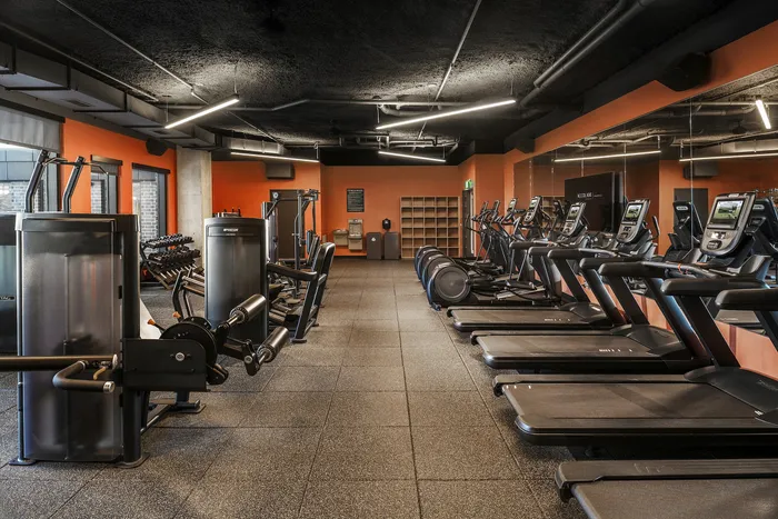 Modern fitness center featuring state-of-the-art treadmills, weight machines, and vibrant orange accents.