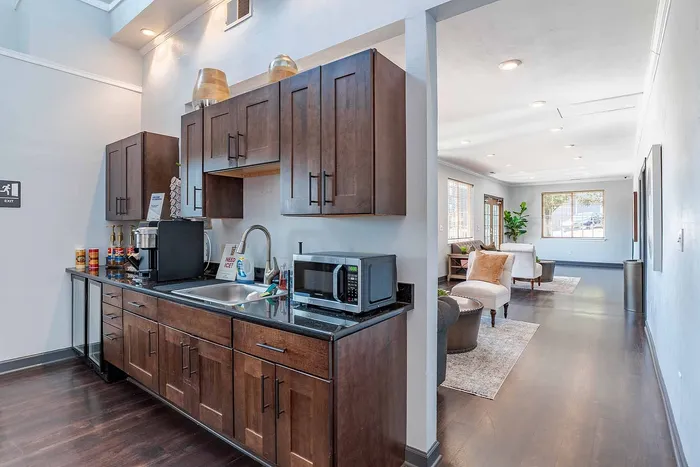 Contemporary kitchen with sleek dark wood cabinets, modern appliances, and an inviting open-plan living area bathed in natural light.