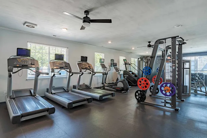 Modern gym featuring state-of-the-art treadmills, ellipticals, and weightlifting equipment under bright natural lighting.