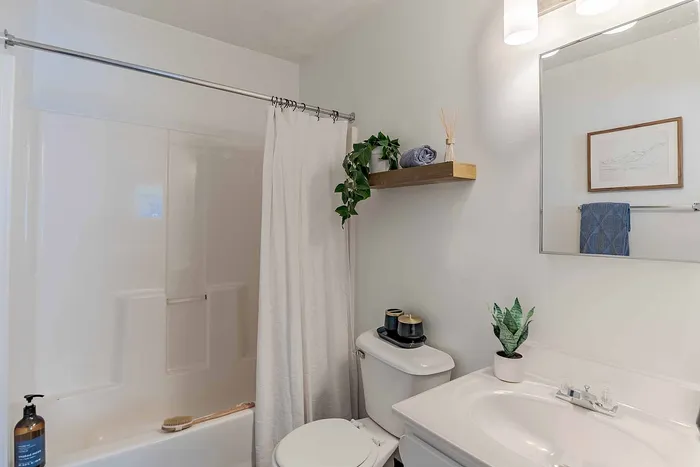 Bright and modern bathroom featuring a sleek white bathtub, elegant sink with a large mirror, stylish shelving with greenery, and a cozy ambience.