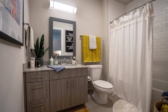 Modern bathroom with sleek vanity, elegant granite countertop, and stylish decorative elements including a vibrant yellow towel and lush green plant.
