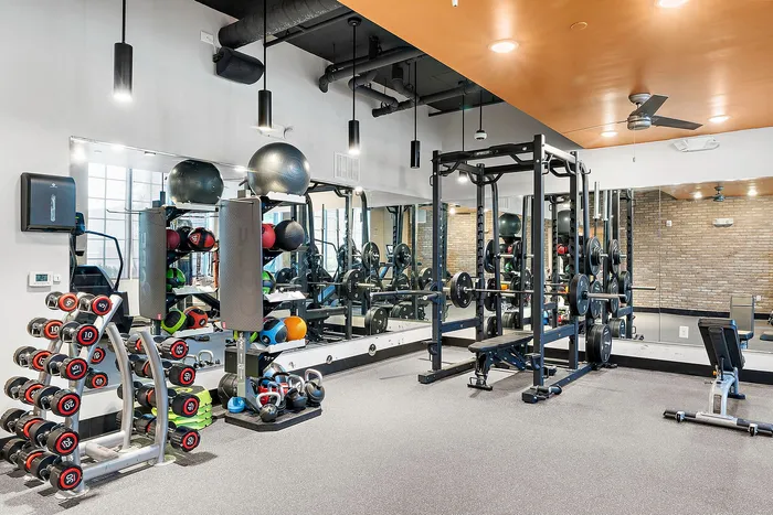 Modern fitness center with state-of-the-art gym equipment, free weights, and an inviting atmosphere.