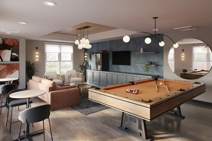 Chic apartment lounge featuring a stylish pool table, cozy seating area, modern decor, and ambient lighting for a perfect entertainment space.