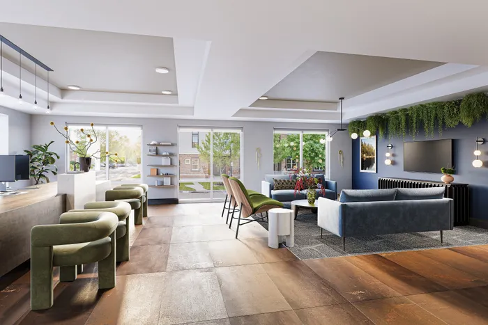 Modern and inviting apartment lounge with chic green and blue furniture, stylish lighting, and lush greenery accents, capturing natural light through expansive windows.