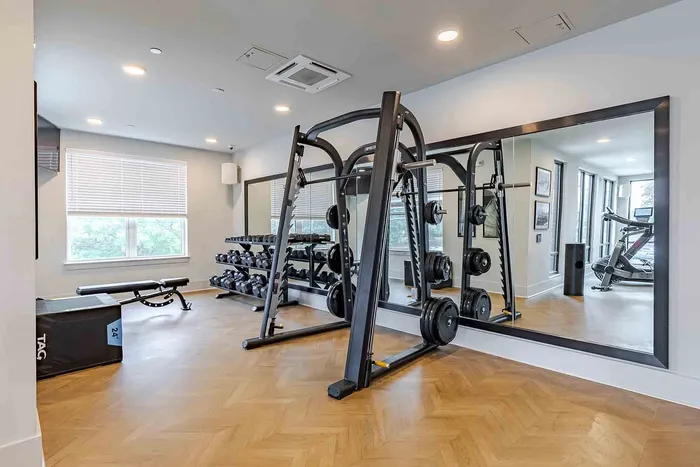 Bright and modern gym with sunlight streaming through large windows, featuring state-of-the-art equipment including a weight rack, bench, and treadmill, perfect for a refreshing workout.
