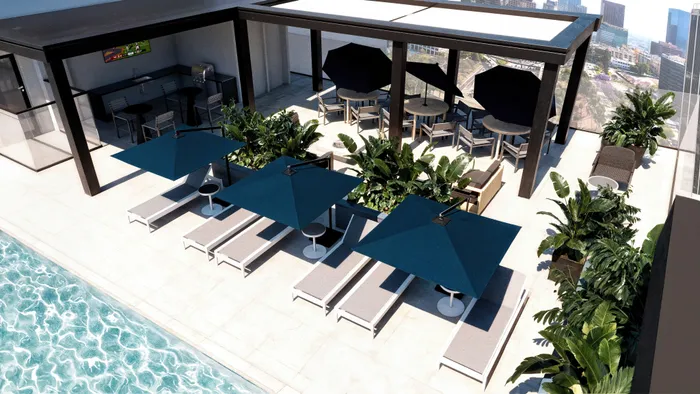 Rendering of a luxurious rooftop pool area with modern sun loungers, elegant blue umbrellas, and vibrant greenery for a perfect urban retreat.