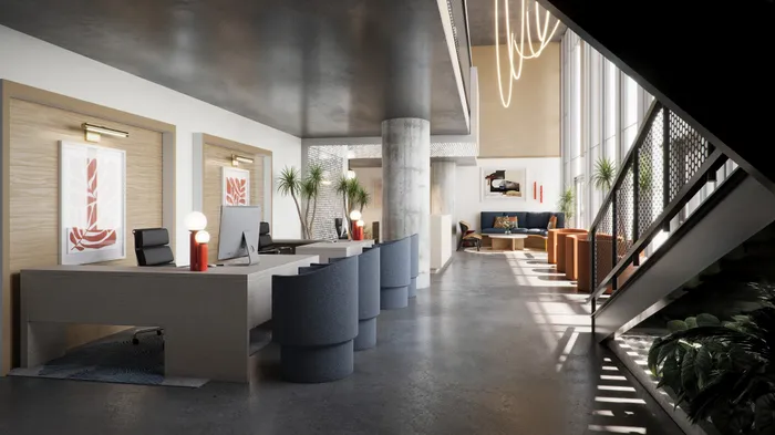 Rendering of an elegant office space featuring modern desks, stylish chairs, and abundant natural light, perfect for a professional and inviting environment.