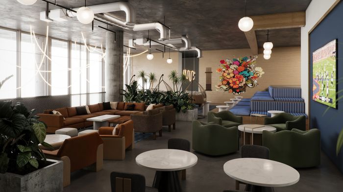 Rendering of a chic and welcoming lounge area with modern seating, vibrant wall art, and ample natural light, perfect for relaxation and social gatherings.