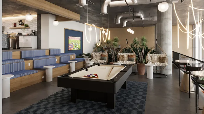Rendering of a chic communal area featuring a sleek pool table, modern tiered seating, stylish hanging chairs, and contemporary lighting.
