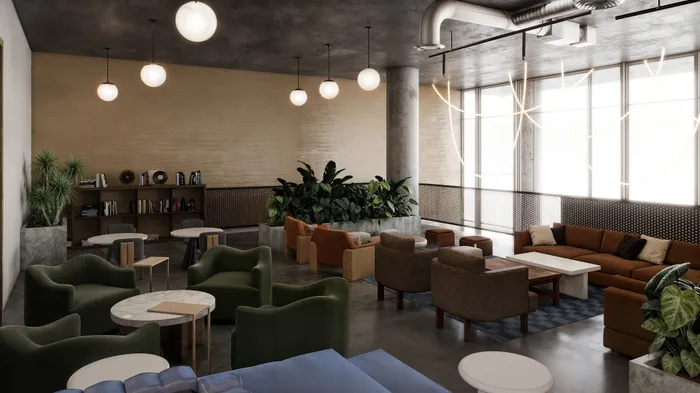Rendering of a chic modern lounge featuring cozy seating, lush greenery, and stylish lighting.