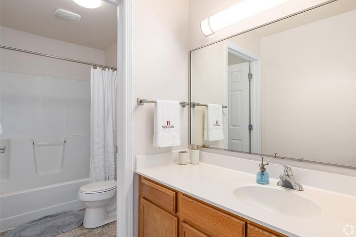 Bright, modern bathroom featuring elegant fixtures, large mirror, and ample counter space, creating a clean and inviting atmosphere.
