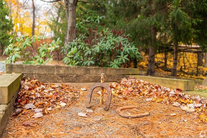 Charming outdoor horseshoe pit surrounded by lush greenery and vibrant autumn leaves, perfect for recreational enjoyment.