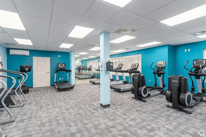 Modern fitness center with state-of-the-art cardio machines and vibrant turquoise walls, perfect for energizing workouts.