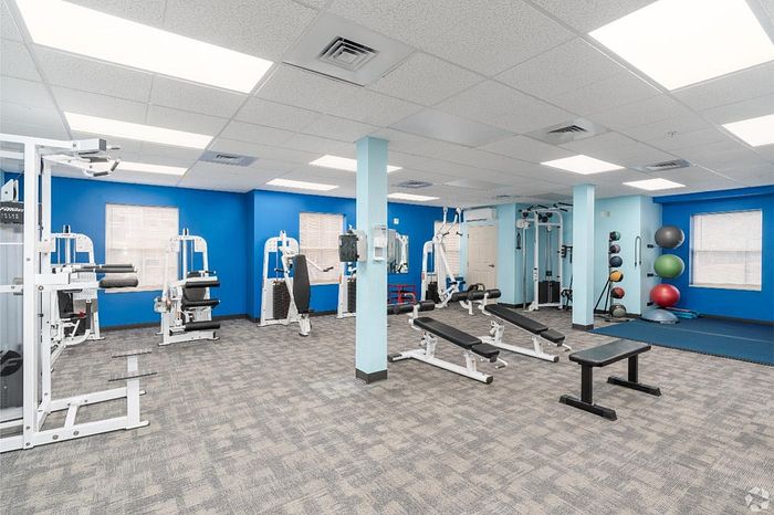 Modern fitness center with state-of-the-art equipment, vibrant blue accents, and ample natural light.