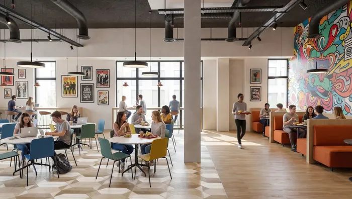Rendering of a vibrant communal dining area with colorful seating, modern decor, and a lively mural, perfect for social gatherings and relaxation.