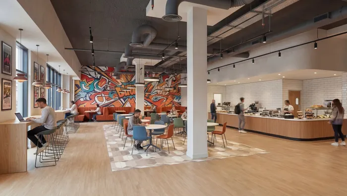 Rendering of a vibrant communal space featuring modern seating, creative mural artwork, and stylish caf&eacute; area with ample natural light.