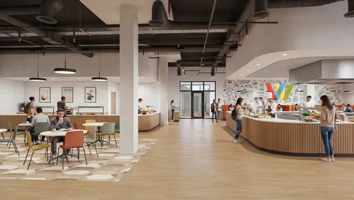 Rendering of a modern cafeteria with stylish decor, colorful seating, and open dining area, featuring a vibrant mural and lively atmosphere.