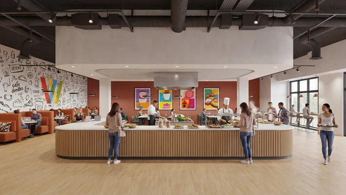 Rendering of a vibrant modern cafeteria with stylish decor, colorful artwork, and people enjoying diverse food options.