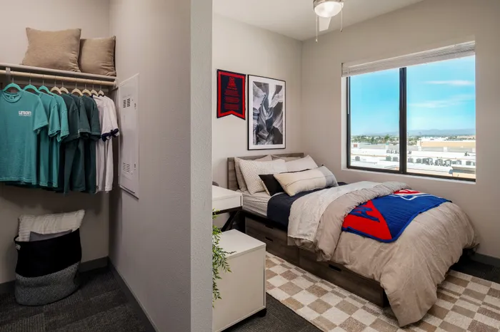 Cozy modern bedroom with a large window view, stylish storage bed, and neatly organized closet area.