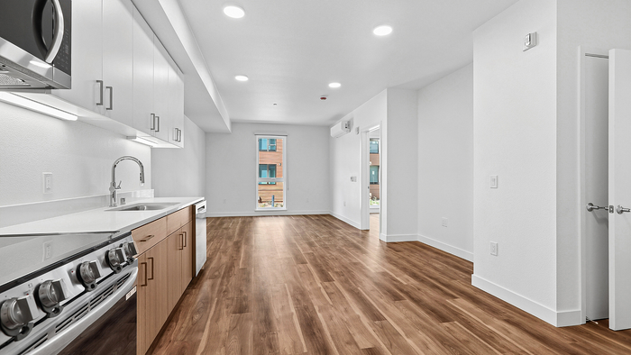 Sleek modern kitchen with stainless steel appliances and elegant wood flooring in a spacious open-plan living area.