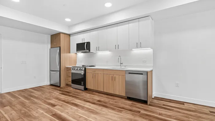 Sleek modern kitchen with stainless steel appliances, elegant wooden cabinetry, and stylish plank flooring.