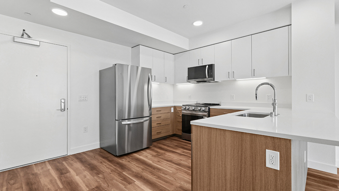 Modern kitchen with sleek stainless steel appliances, elegant white cabinetry, and a stylish wood floor finish.