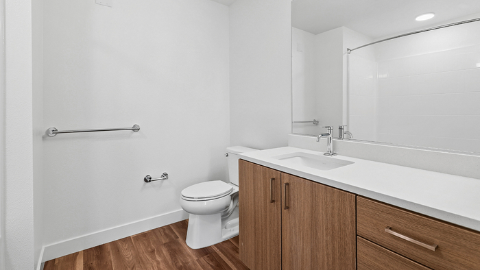 Contemporary bathroom design with sleek wood cabinetry, modern fixtures, and pristine white finishes.