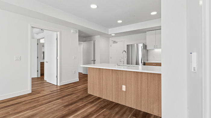 Modern apartment interior featuring an elegant kitchen with a sleek island, stainless steel appliances, and stylish wooden flooring.