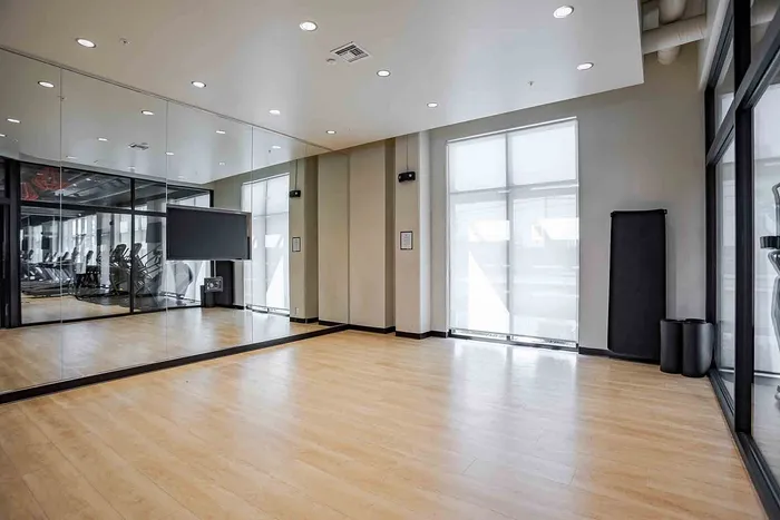Spacious and modern exercise studio with mirrored walls, natural lighting, and sleek wooden flooring.