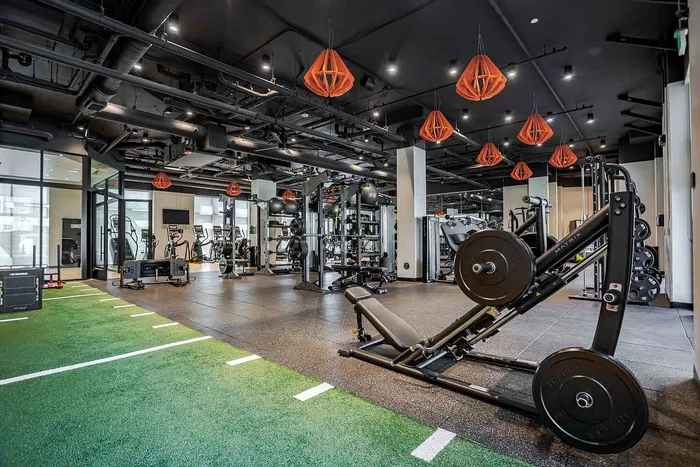 Luxury gym with modern equipment, vibrant lighting, and spacious design offering a premium fitness experience.