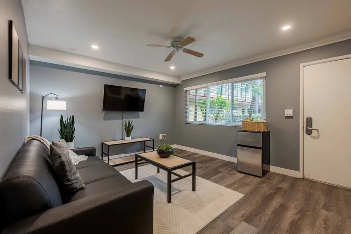 Modern living room with sleek leather sofa, elegant coffee table, flat-screen TV, and large window offering lush garden views.