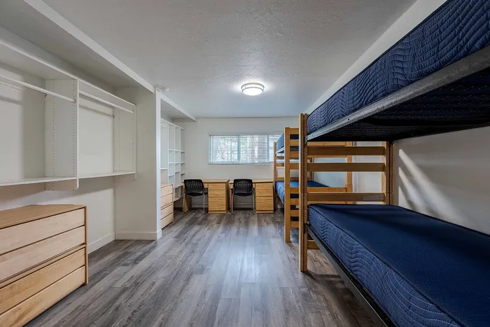 Modern dormitory room featuring sleek wooden bunk beds, ample storage space, and a bright study area with natural light.