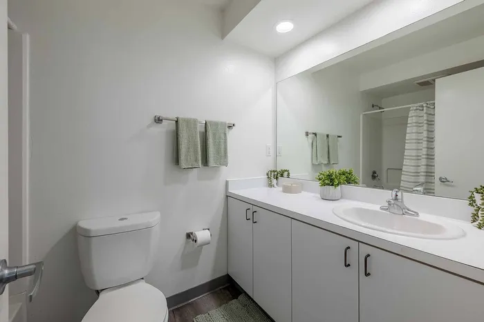 Modern bathroom with sleek vanity, large mirror, and elegant green accents, offering a fresh and serene atmosphere.