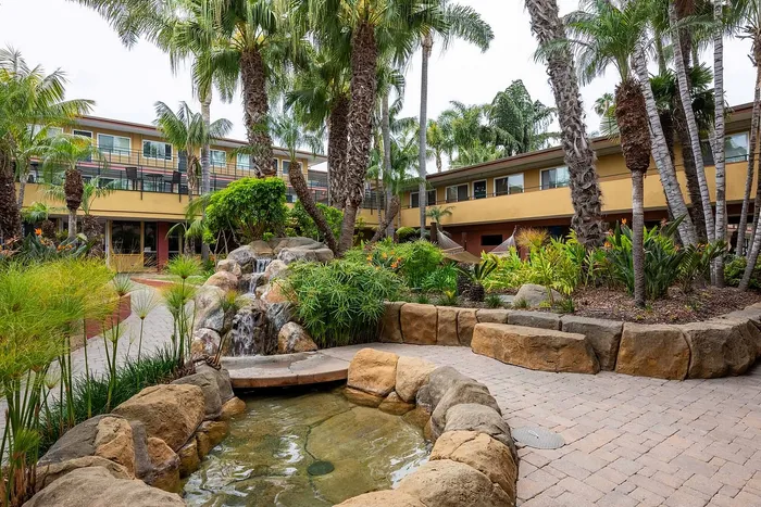 Tranquil apartment courtyard featuring lush palm trees, a serene waterfall, and inviting pathways.