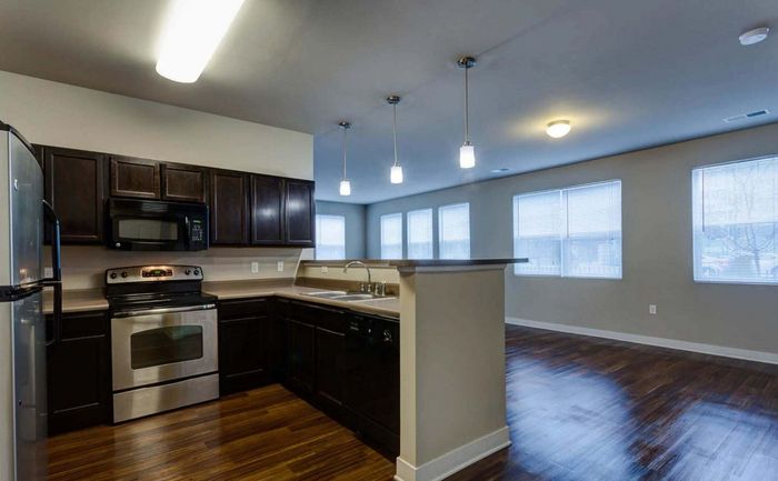 Modern open kitchen with stainless steel appliances, sleek dark cabinetry, and stylish pendant lighting, leading into a bright and airy living space with large windows and rich wood flooring.