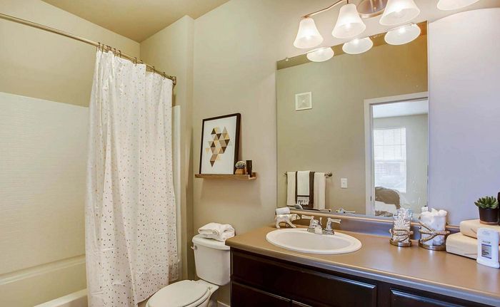 Elegant bathroom featuring modern fixtures, a large mirror, and tasteful decor with a subtle aesthetic. Ideal for relaxation and convenience.