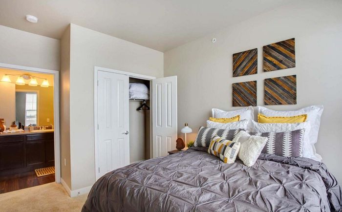 Inviting bedroom with chic decor, featuring a comfortable bed with stylish pillows, contemporary wall art, and convenient closet space.