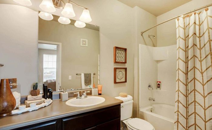 Modern bathroom with elegant lighting, stylish decor, and a cozy bathtub featuring a chic shower curtain.